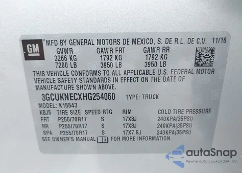 2017 Chevrolet Silverado 1500 Ls z USA, uszkodzony, nr VIN 3GCUKNECXHG254060